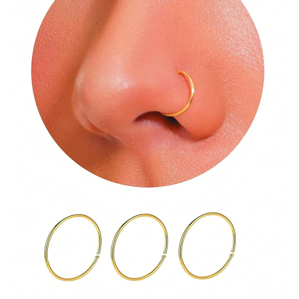 3Pcs 14K Gold Plated Nose Rings Hoops for Women/Men, 22 Gauge 8mm Small Thin Nose Piercing Jewelry,Tiny Septum Cartilage Helix