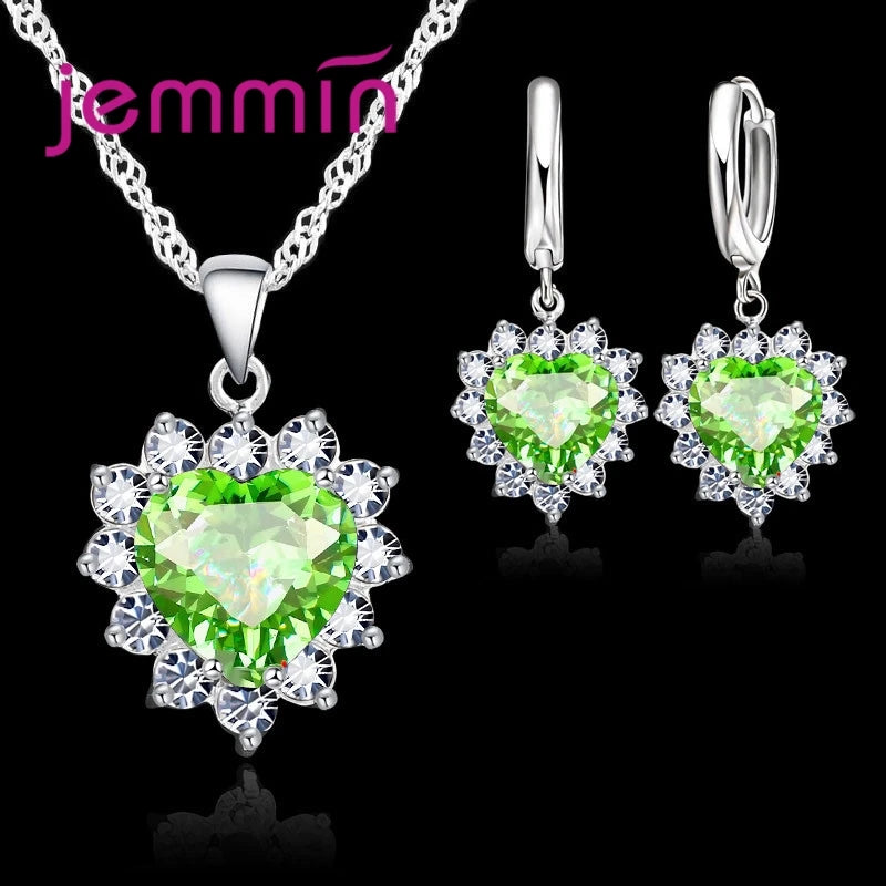 Top Sale Wding Engagement Anniversary Gift Jewelry Sets 925 Silver Color Stamped Heart Pendant Hoop Earrings for Women Girls