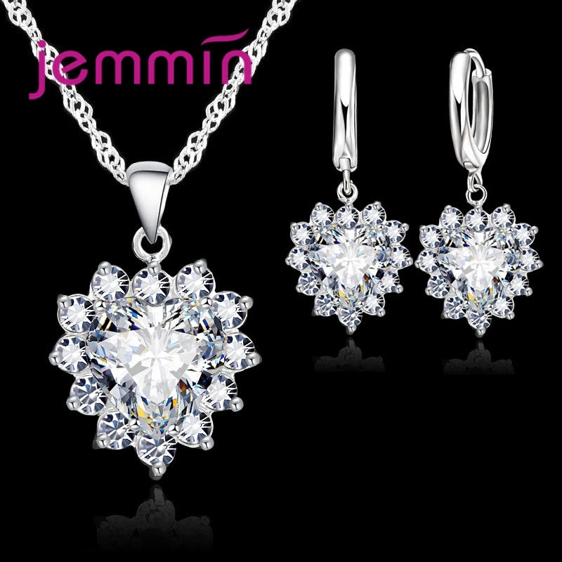 Top Sale Wding Engagement Anniversary Gift Jewelry Sets 925 Silver Color Stamped Heart Pendant Hoop Earrings for Women Girls