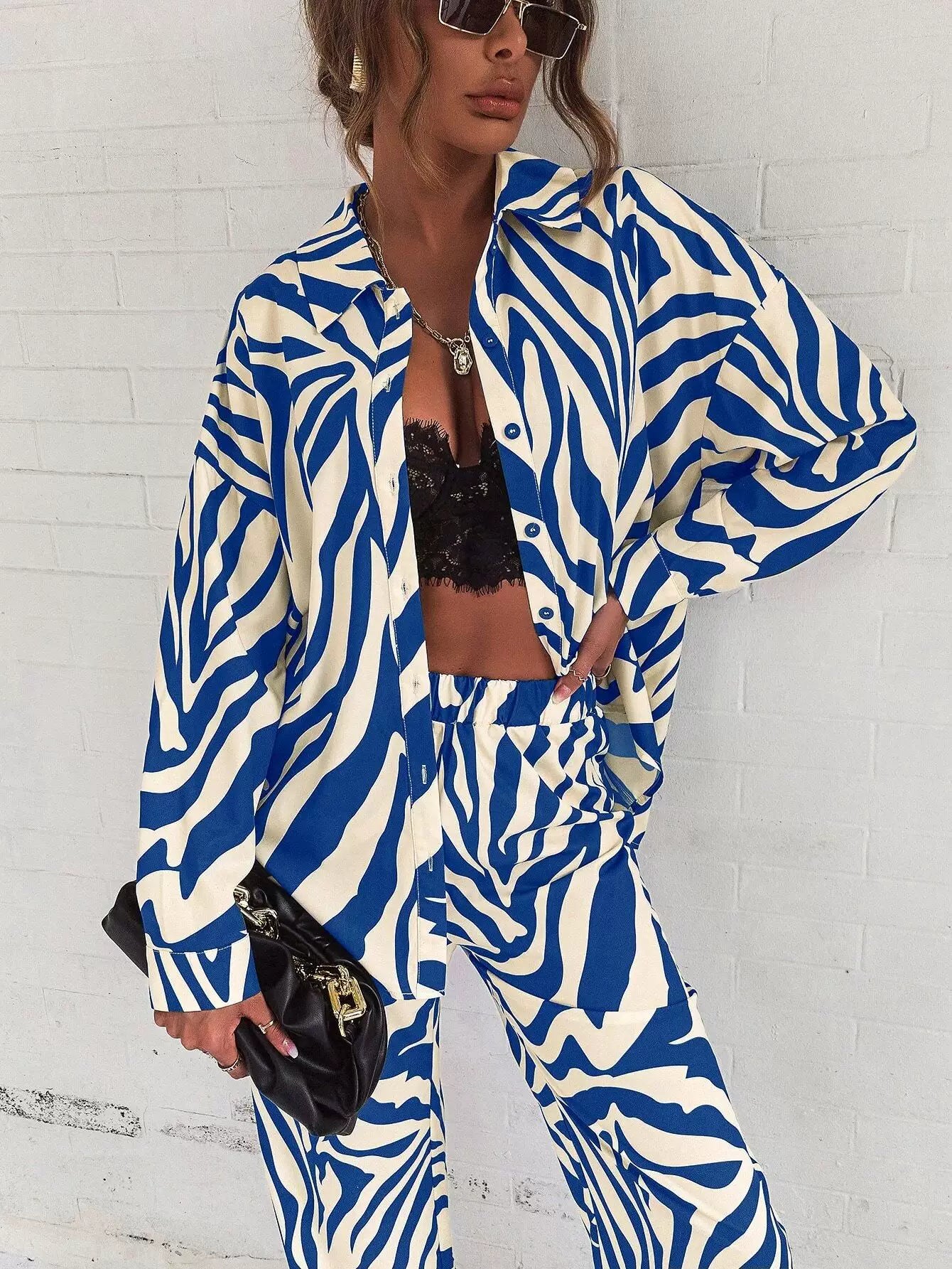 2026 Cross border Hot Edition Street Trendy Print Trouser Set Long Sleeve Full Screen Print Off Shoulder Shirt Set