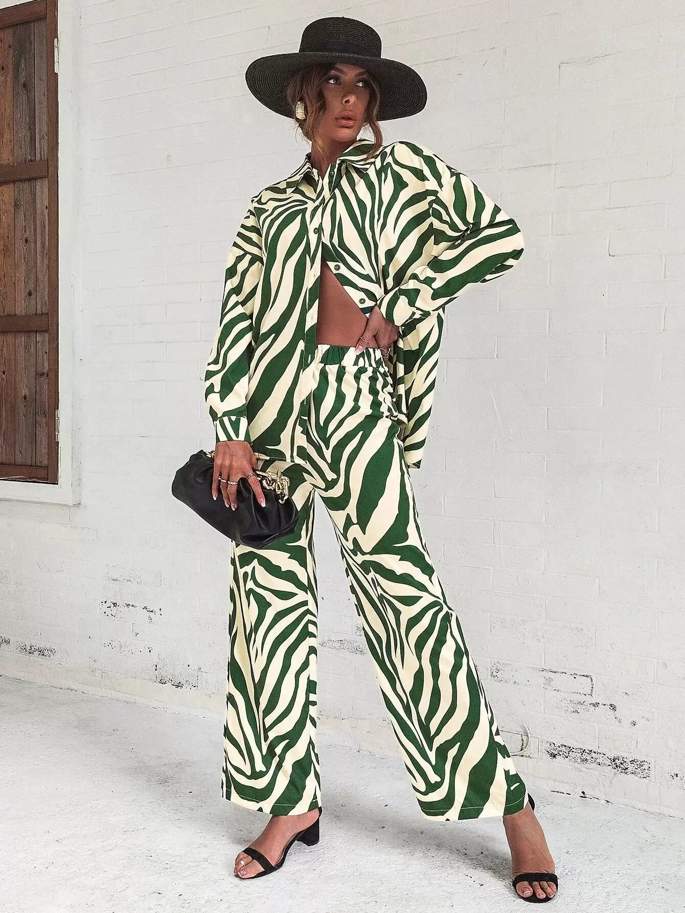 2026 Cross border Hot Edition Street Trendy Print Trouser Set Long Sleeve Full Screen Print Off Shoulder Shirt Set