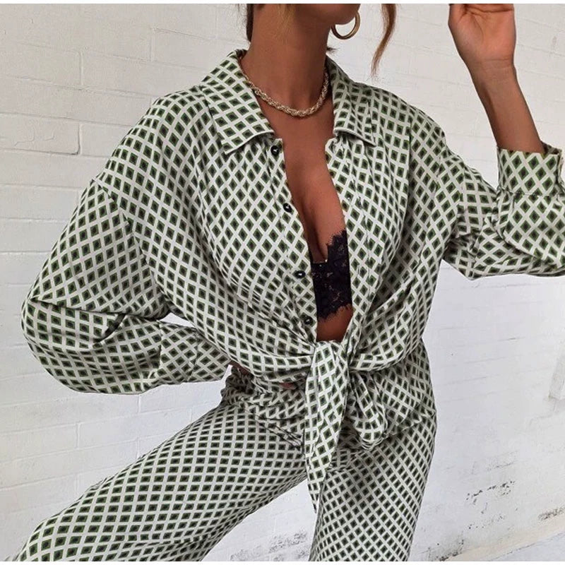 2026 Cross border Hot Edition Street Trendy Print Trouser Set Long Sleeve Full Screen Print Off Shoulder Shirt Set