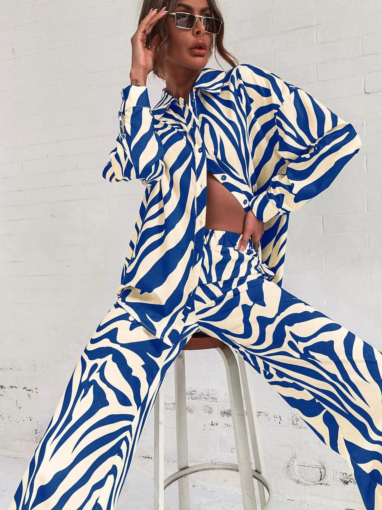 2026 Cross border Hot Edition Street Trendy Print Trouser Set Long Sleeve Full Screen Print Off Shoulder Shirt Set