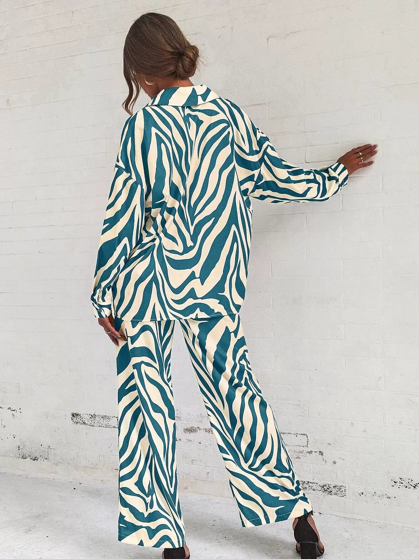 2026 Cross border Hot Edition Street Trendy Print Trouser Set Long Sleeve Full Screen Print Off Shoulder Shirt Set