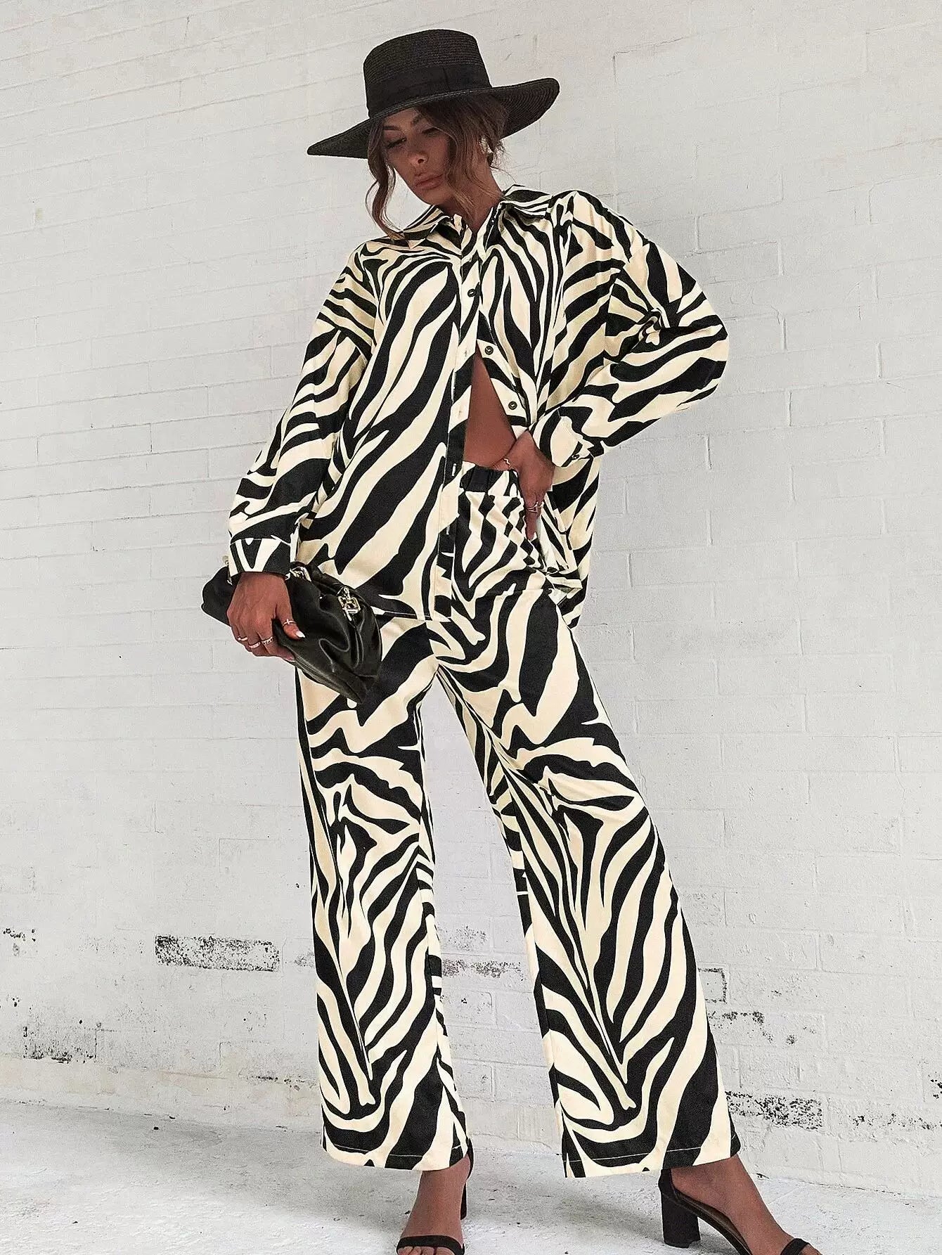 2026 Cross border Hot Edition Street Trendy Print Trouser Set Long Sleeve Full Screen Print Off Shoulder Shirt Set