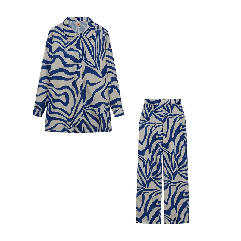 2026 Cross border Hot Edition Street Trendy Print Trouser Set Long Sleeve Full Screen Print Off Shoulder Shirt Set