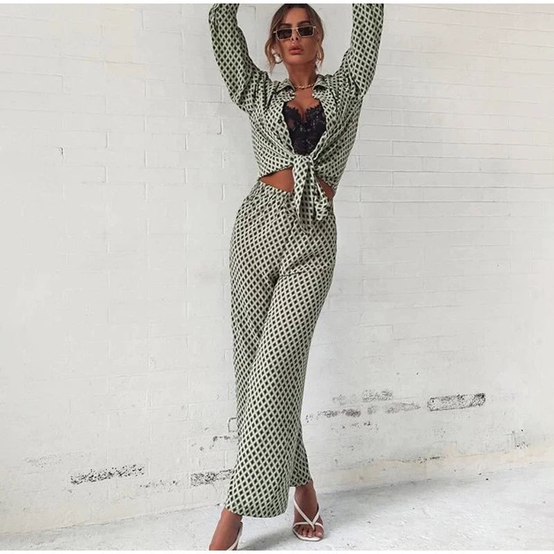 2026 Cross border Hot Edition Street Trendy Print Trouser Set Long Sleeve Full Screen Print Off Shoulder Shirt Set