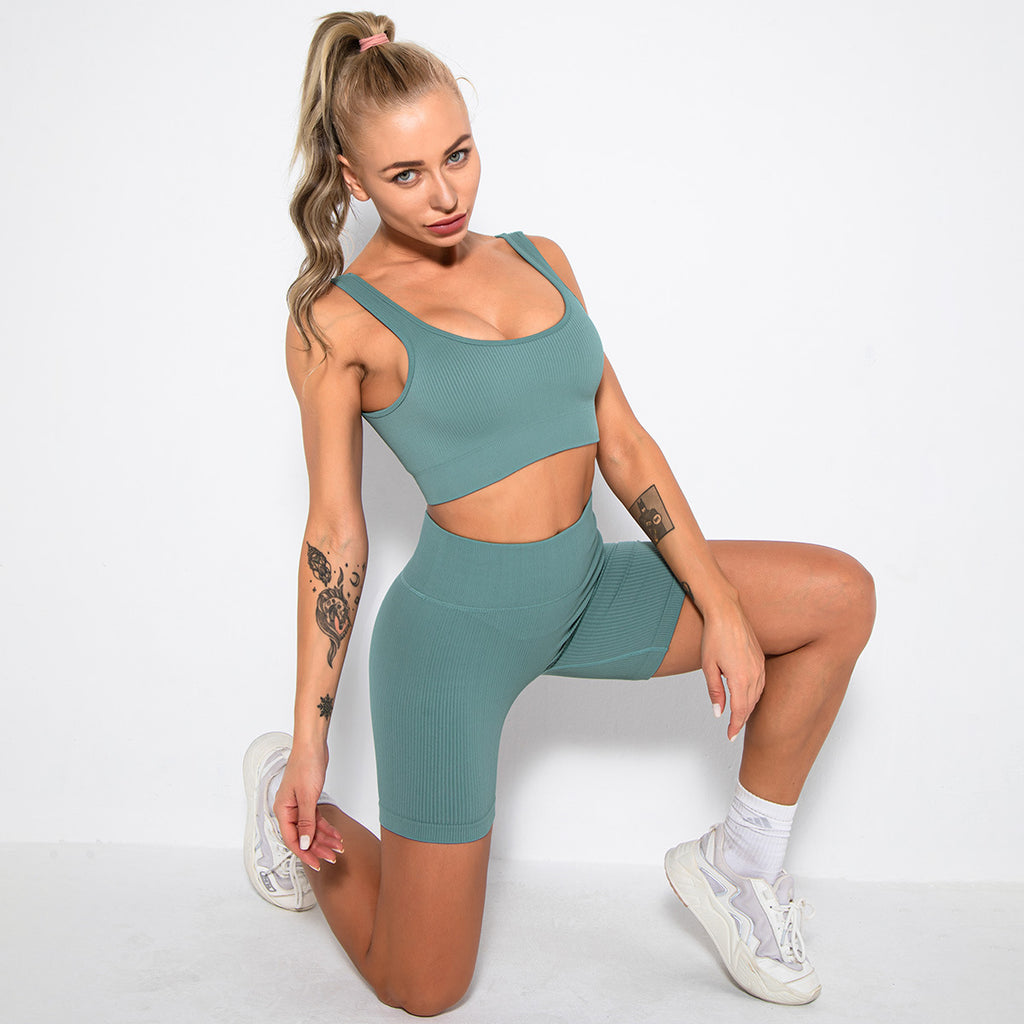 WAREBALL Fashion Sport Wear Gameset Yoga Seamless High Stretch Sports Bra With Biker Shorts Set Casual Workout Women Set