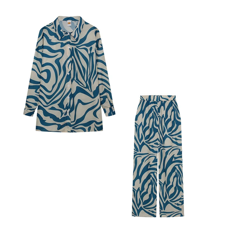 2026 Cross border Hot Edition Street Trendy Print Trouser Set Long Sleeve Full Screen Print Off Shoulder Shirt Set