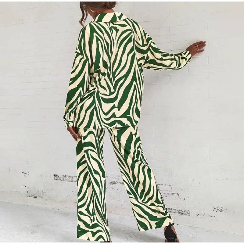 2026 Cross border Hot Edition Street Trendy Print Trouser Set Long Sleeve Full Screen Print Off Shoulder Shirt Set