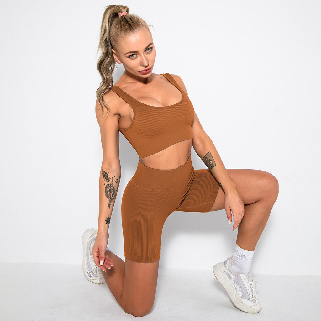 WAREBALL Fashion Sport Wear Gameset Yoga Seamless High Stretch Sports Bra With Biker Shorts Set Casual Workout Women Set