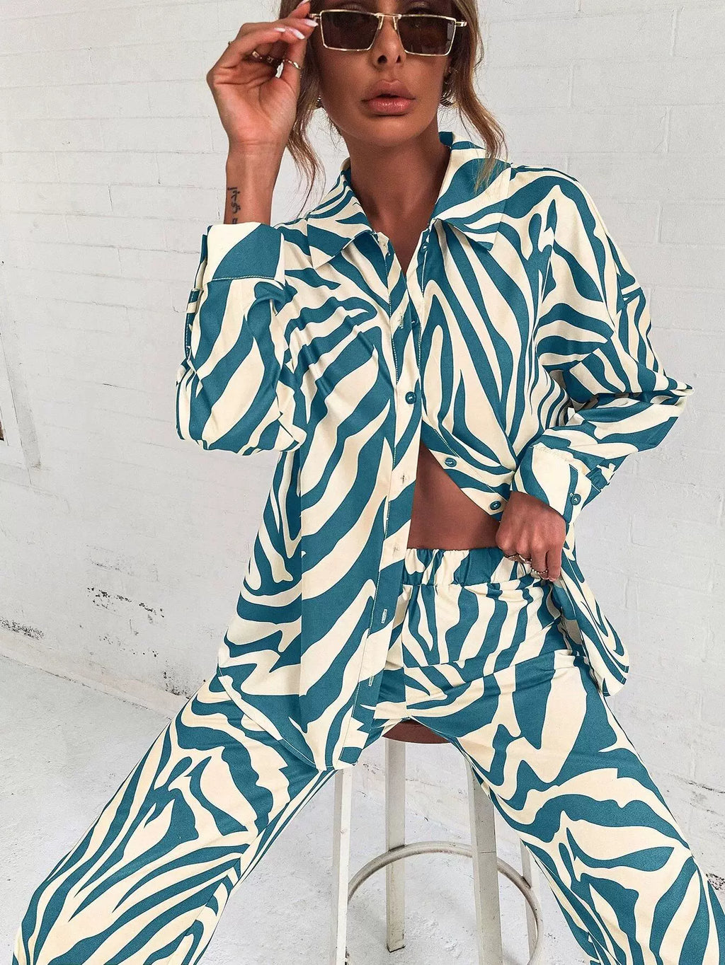 2026 Cross border Hot Edition Street Trendy Print Trouser Set Long Sleeve Full Screen Print Off Shoulder Shirt Set
