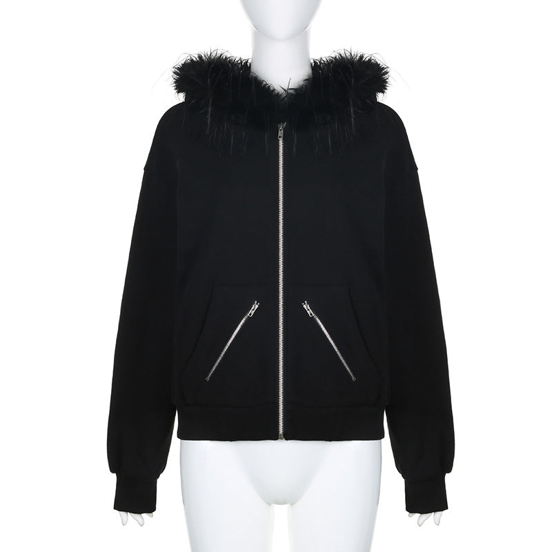 AltGoth Dark Academia Gothic Sweatshirt Women Streetwear Harajuku Vintage Y2k E-girl Cyber Punk Fur Collar Loose Cardigan Tops