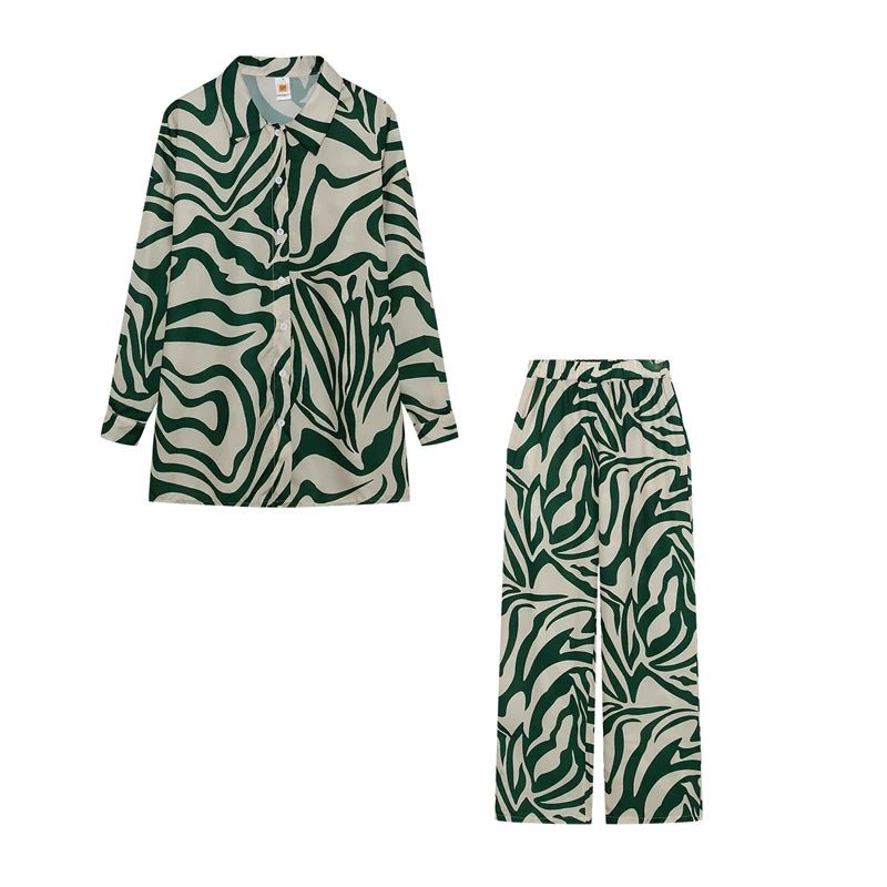 2026 Cross border Hot Edition Street Trendy Print Trouser Set Long Sleeve Full Screen Print Off Shoulder Shirt Set