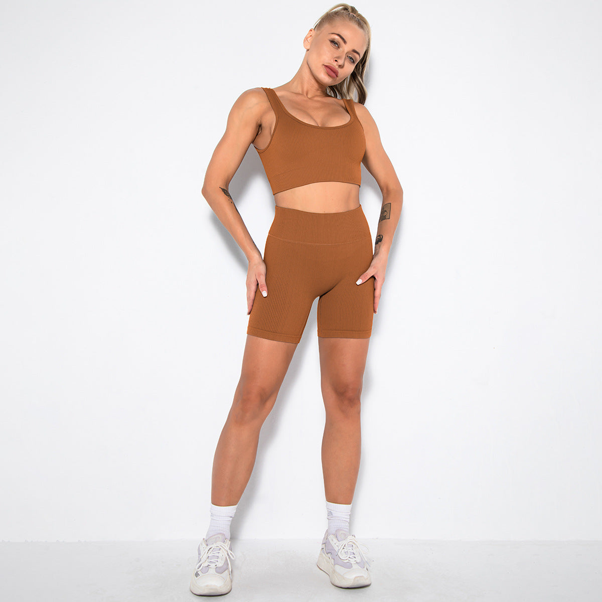 WAREBALL Fashion Sport Wear Gameset Yoga Seamless High Stretch Sports Bra With Biker Shorts Set Casual Workout Women Set