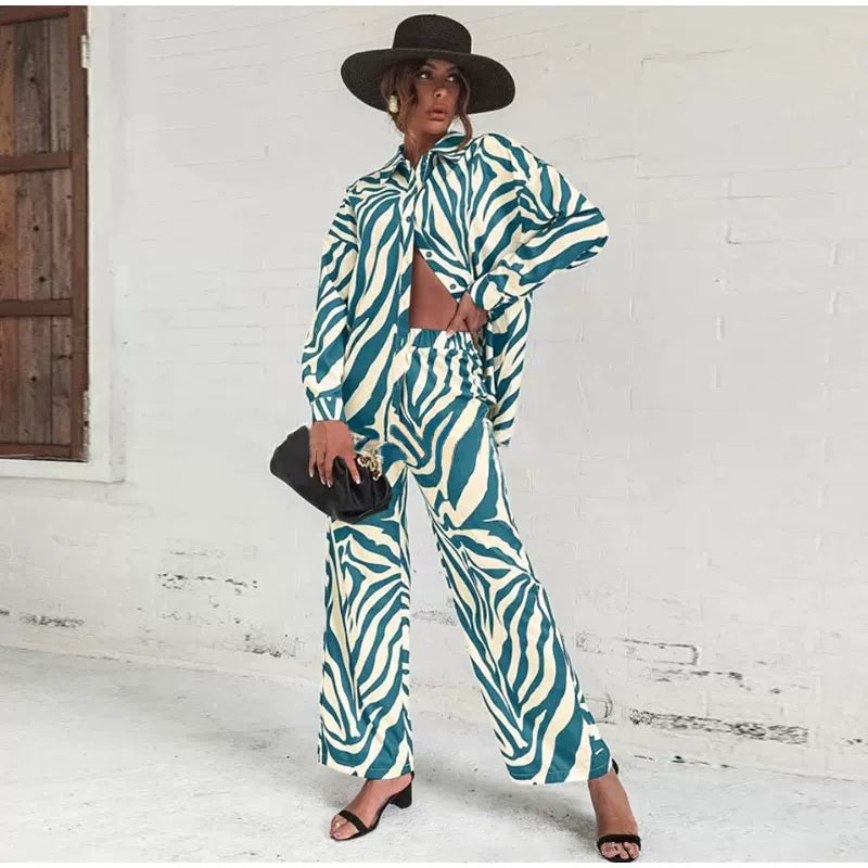 2026 Cross border Hot Edition Street Trendy Print Trouser Set Long Sleeve Full Screen Print Off Shoulder Shirt Set