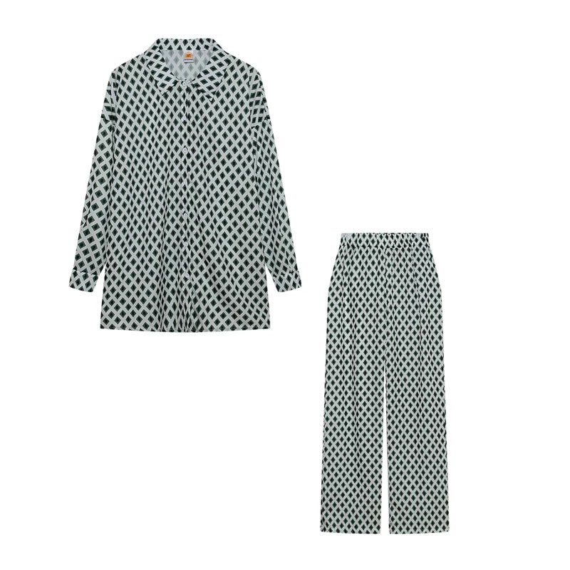 2026 Cross border Hot Edition Street Trendy Print Trouser Set Long Sleeve Full Screen Print Off Shoulder Shirt Set