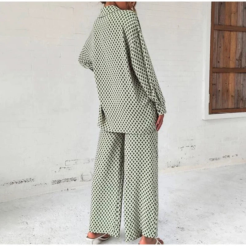 2026 Cross border Hot Edition Street Trendy Print Trouser Set Long Sleeve Full Screen Print Off Shoulder Shirt Set