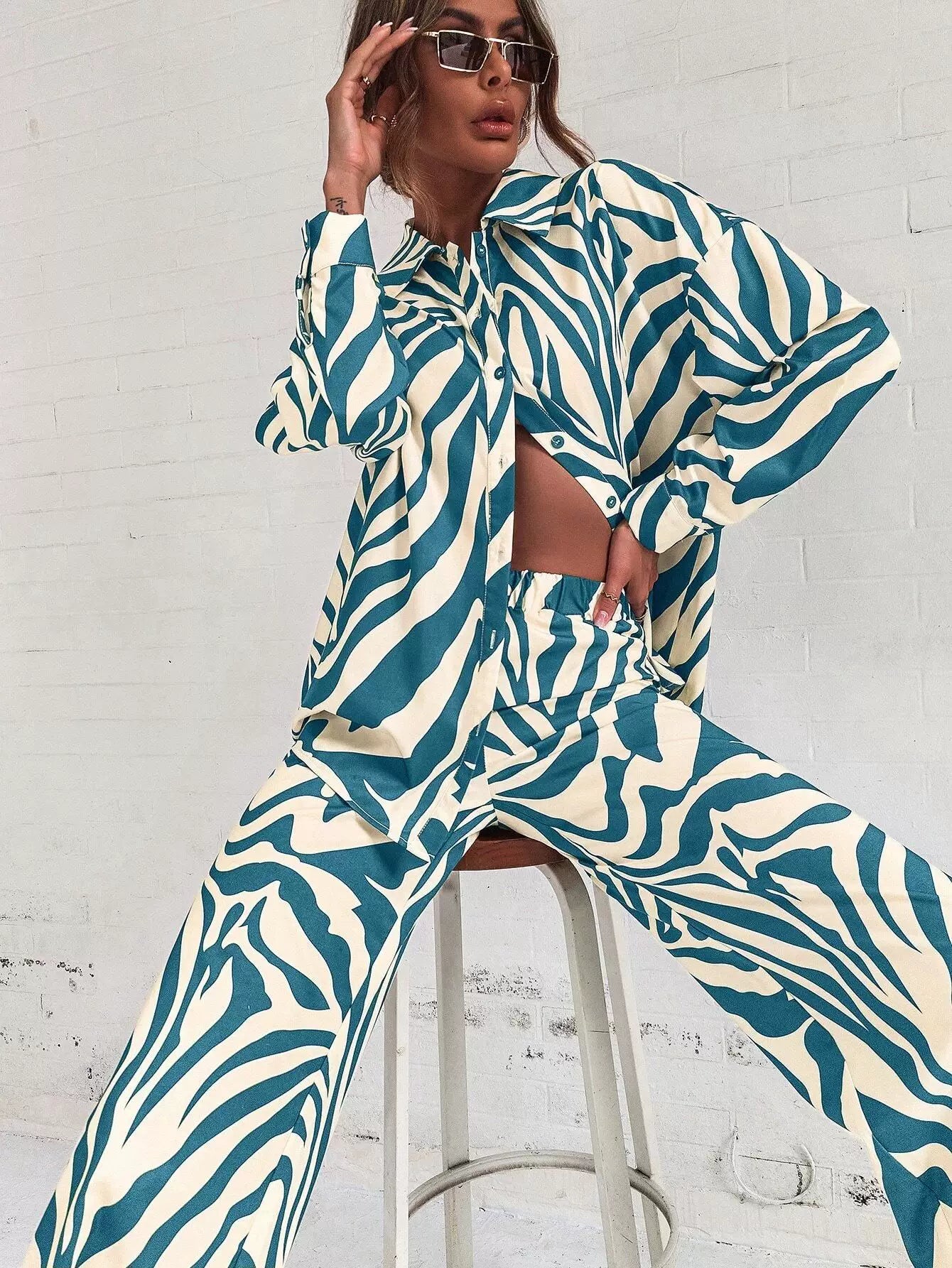 2026 Cross border Hot Edition Street Trendy Print Trouser Set Long Sleeve Full Screen Print Off Shoulder Shirt Set
