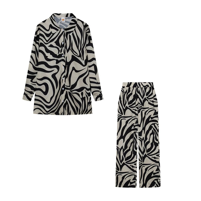 2026 Cross border Hot Edition Street Trendy Print Trouser Set Long Sleeve Full Screen Print Off Shoulder Shirt Set