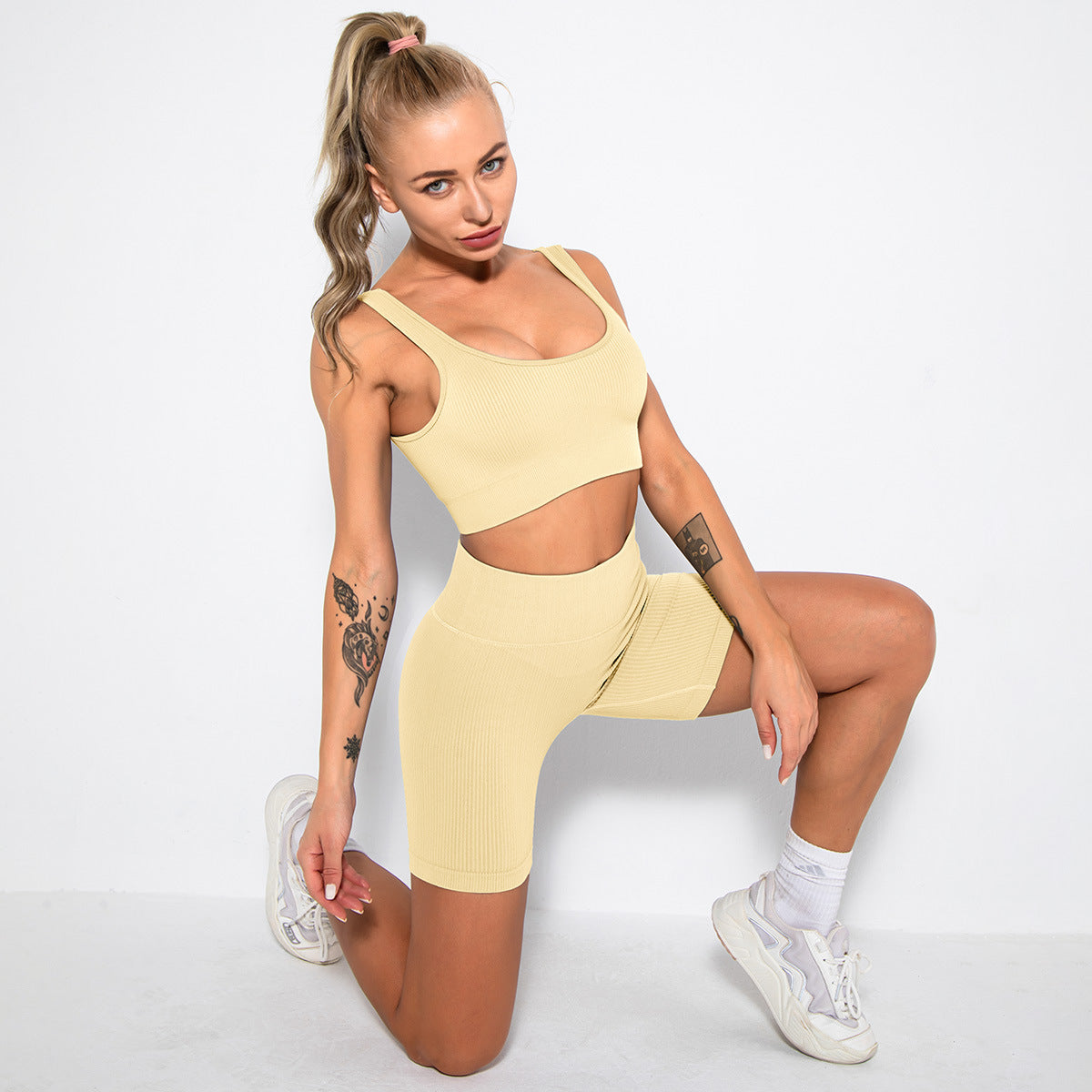WAREBALL Fashion Sport Wear Gameset Yoga Seamless High Stretch Sports Bra With Biker Shorts Set Casual Workout Women Set