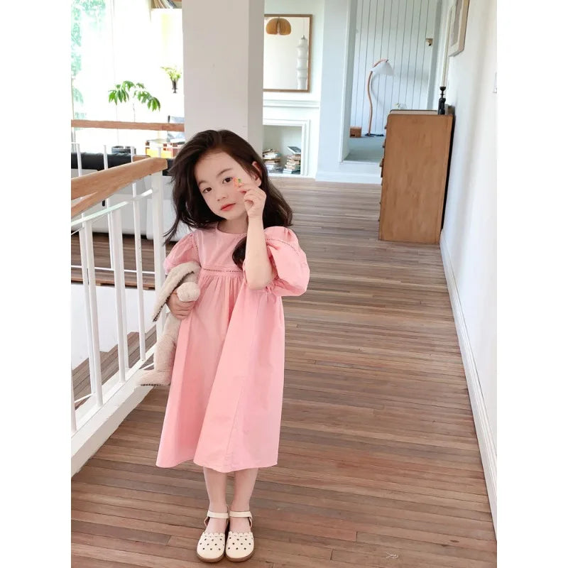 Kids Babys Girls Dress Summer New Vacation Bubble Short Sleeve Little Girls Dress French Solid Thin Belle Girls Princess Dresses
