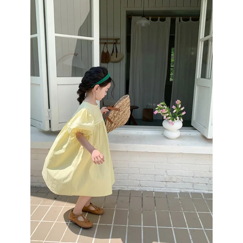 Kids Babys Girls Dress Summer New Vacation Bubble Short Sleeve Little Girls Dress French Solid Thin Belle Girls Princess Dresses