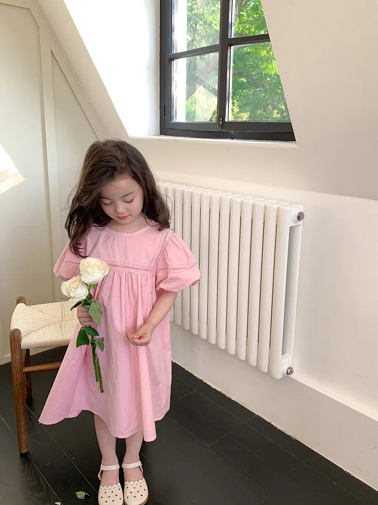 Girls Dress Holiday Style Sweet Bubble Sleeve 2-8Years Old Yellow Pink Knee-length Children's Clothing Princess Dresses