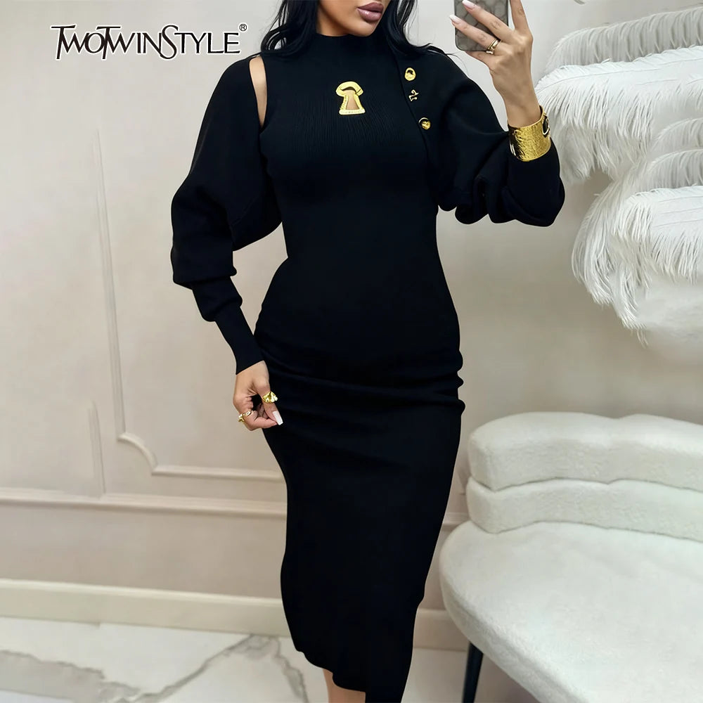 TWOTWINSTYLE Solid Spliced Shawl Chic Dress Female Turtleneck Sleeveless Slimming Elegant Streetwear Women's Dresses Fashion New