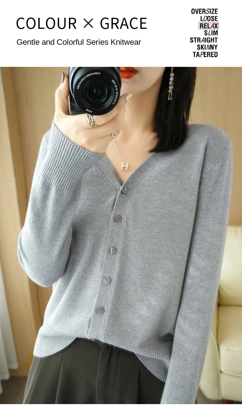 Early Autumn New Andy Cashmere Knit Cardigan V-Neck Solid Color Fashion High-Grade Comfortable Loose Casual Knitwear -GH021