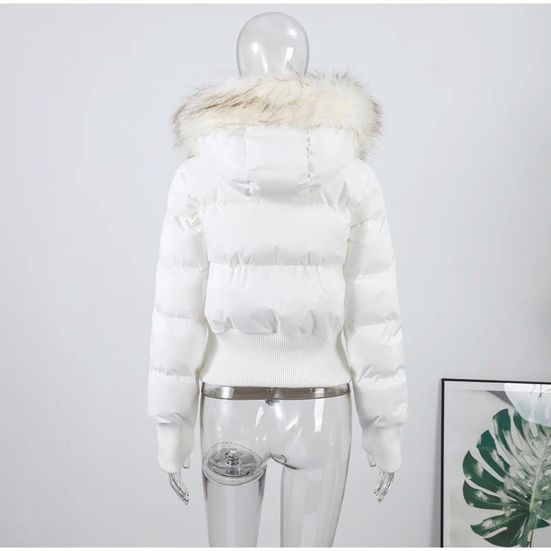 Elegant Fur Collar Hood Belt Long Cotton Jacket Women Zipper Drawstring Waist Parka Down Coat 2025 Winter Lady Warm Chic Outwear