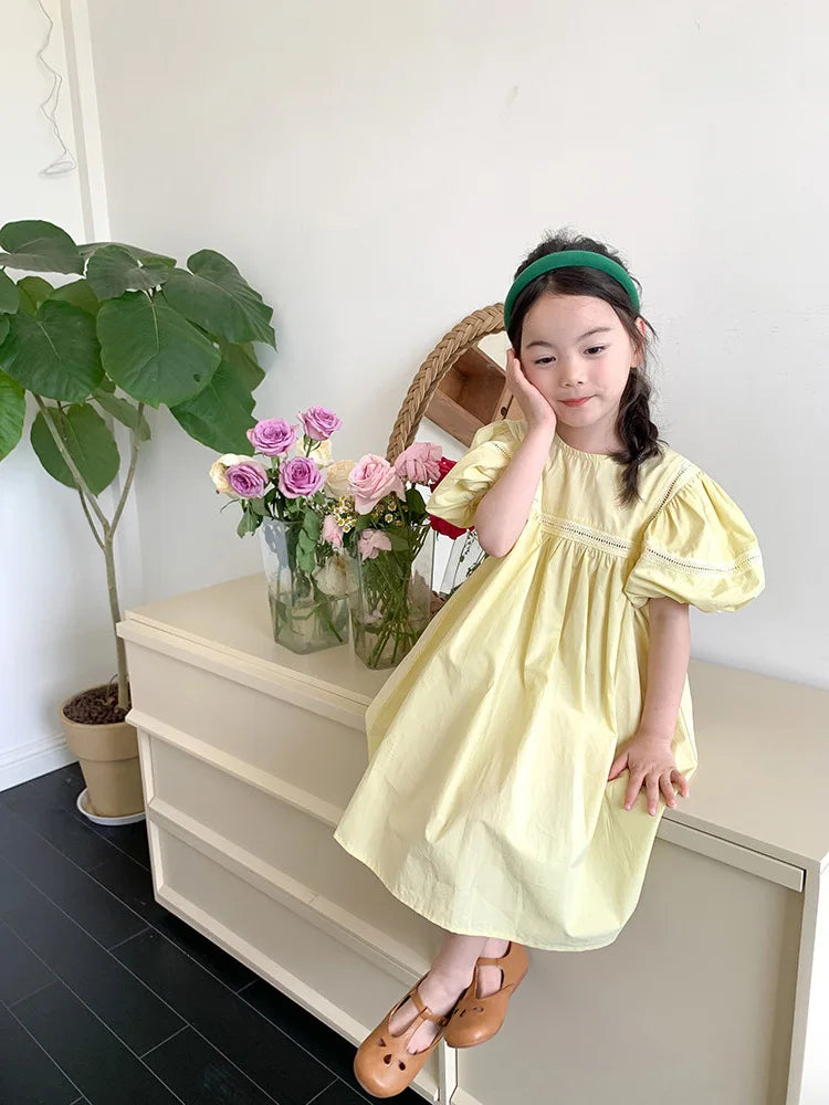 Girls Dress Holiday Style Sweet Bubble Sleeve 2-8Years Old Yellow Pink Knee-length Children's Clothing Princess Dresses