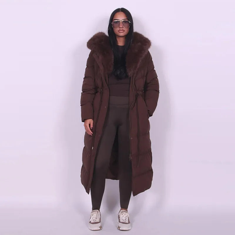 Elegant Fur Collar Hood Belt Long Cotton Jacket Women Zipper Drawstring Waist Parka Down Coat 2025 Winter Lady Warm Chic Outwear