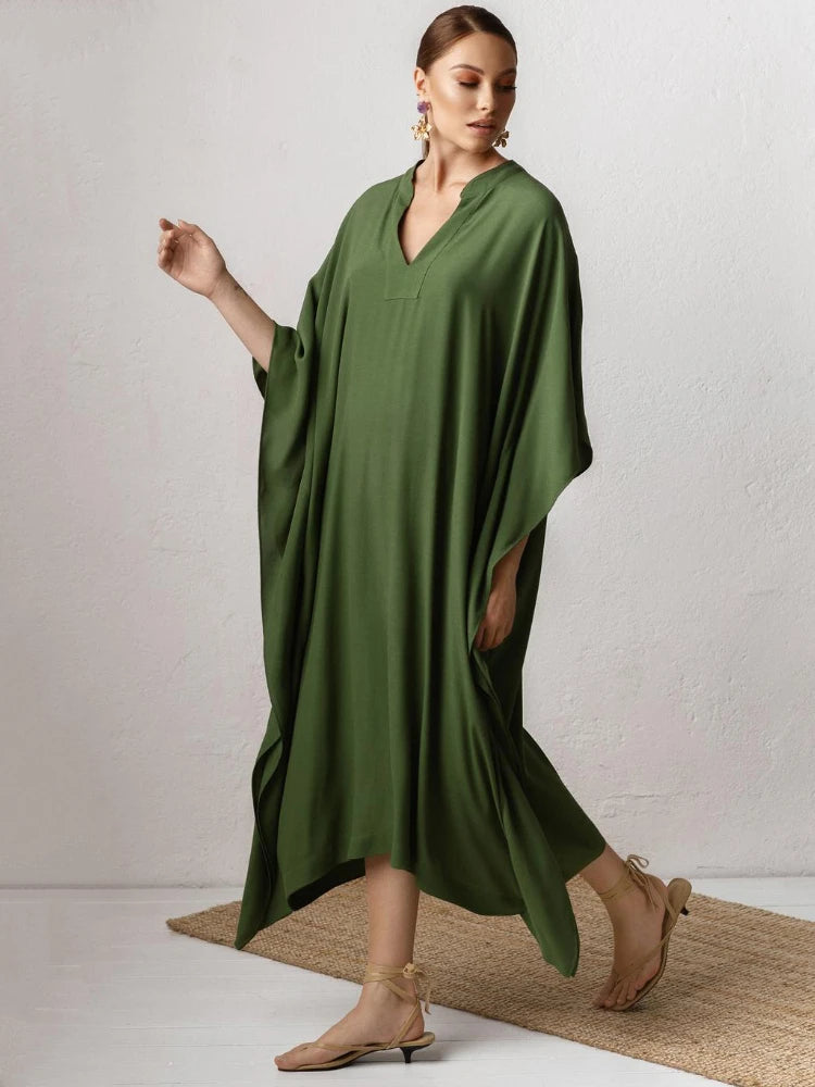 Swimsuit Cover Up Women Kaftan Beach Tunic Solid V Neck Elegant Summer Long Dress Loose Beachwear Bathing Suit Swimwear