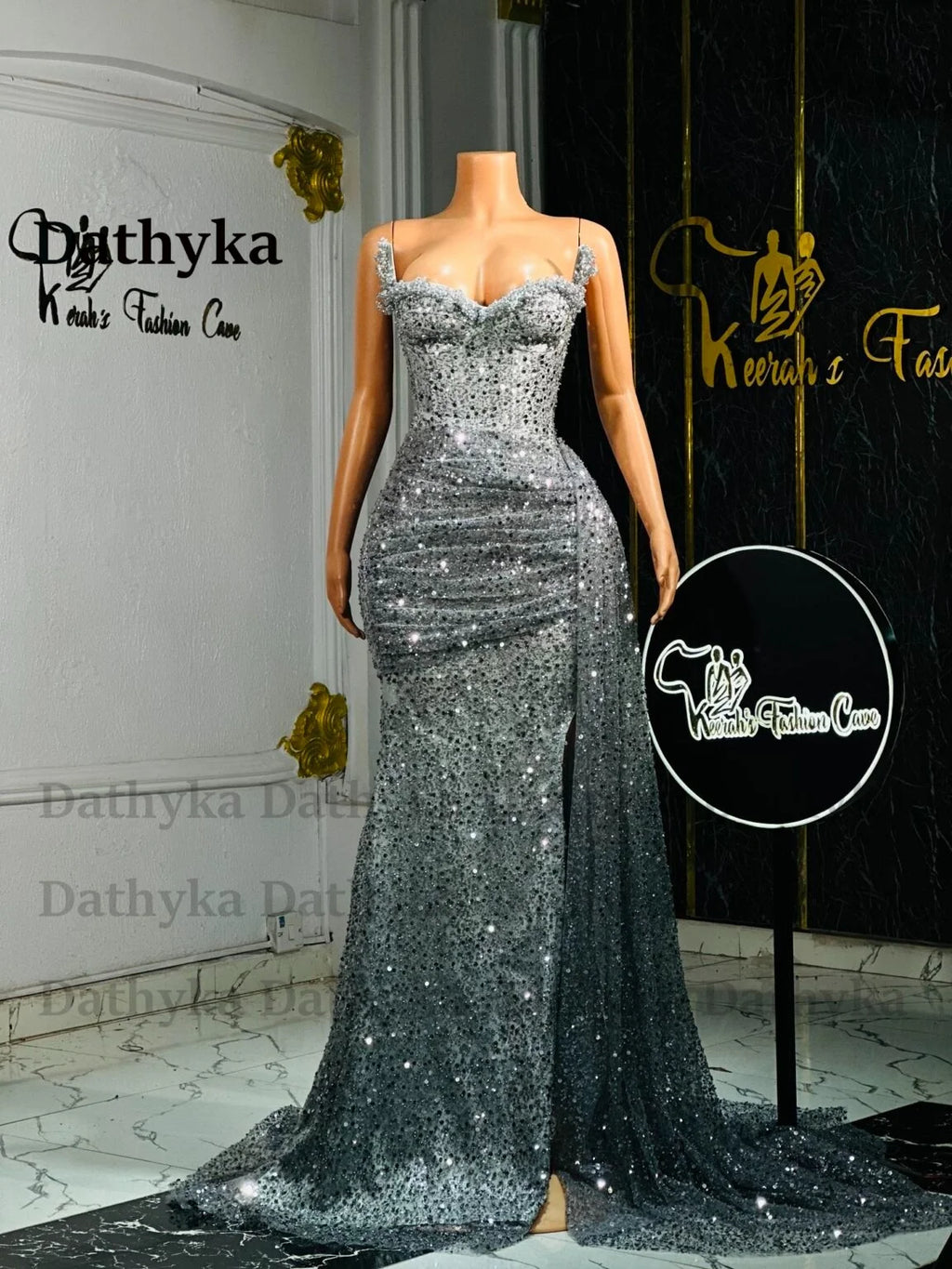 Dathyka Fashionable Crystals Prom Dresses for Women Sequin Mermaid Slit Pleat Strapless Evening Gown Vestidos De Gala Customized