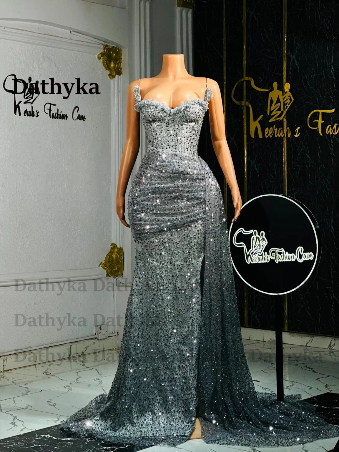 Dathyka Fashionable Crystals Prom Dresses for Women Sequin Mermaid Slit Pleat Strapless Evening Gown Vestidos De Gala Customized
