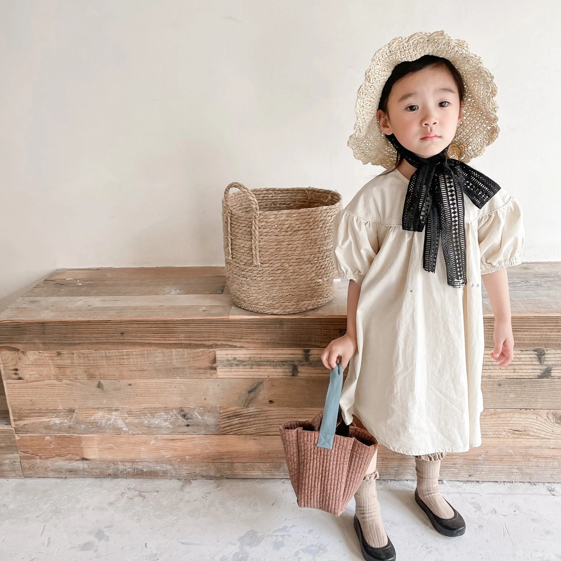 Summer Girls Puff Sleeve Dress - Soft Cotton Round Neck Cottagecore Minimalist Spring Summer Dress Kids Dresses for Girls
