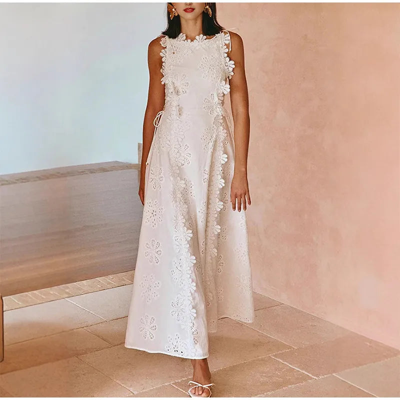 Embroidery Flower Patchwork Long Dress For Women Round Neck Sleeveless Lace Up High Waist Spliced Slim Dresses 2026 Summer New