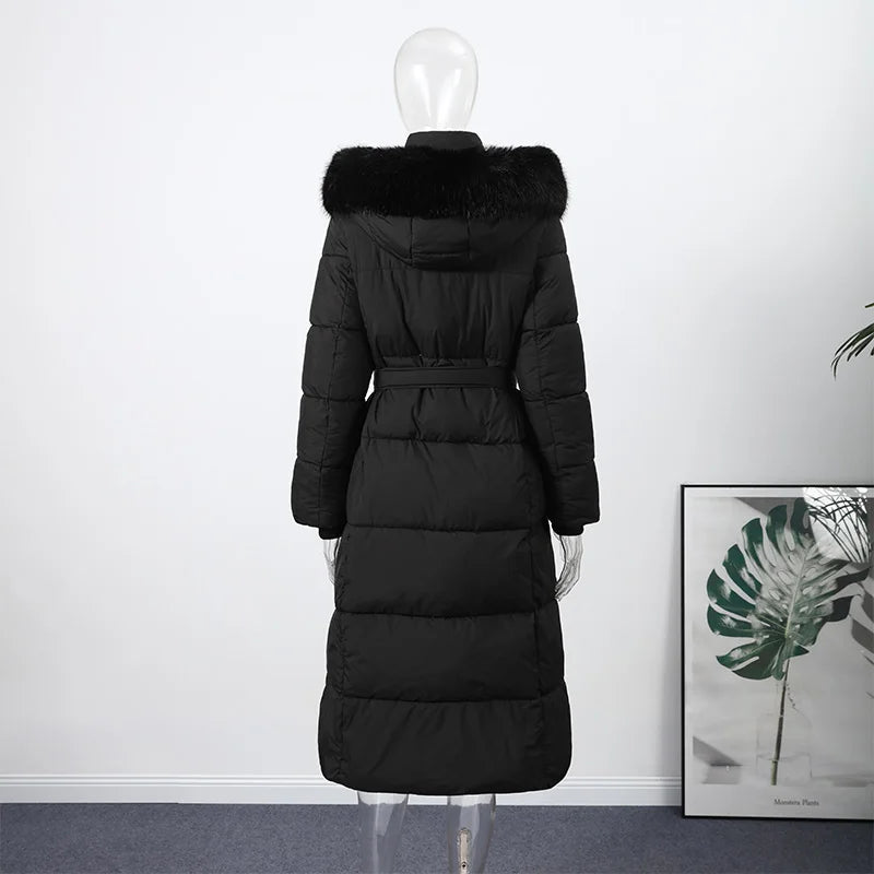 Elegant Fur Collar Hood Belt Long Cotton Jacket Women Zipper Drawstring Waist Parka Down Coat 2025 Winter Lady Warm Chic Outwear