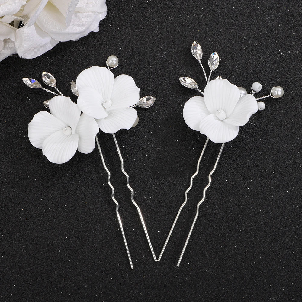 Silver Flower Bridal Headpiece Suit Pearl Hair Comb for Women Rhinestone Wedding Hairpins Party  Earring Hair Accessories Tiara