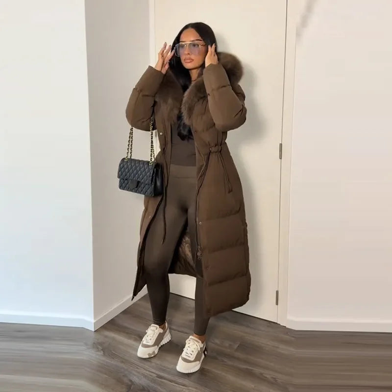Elegant Fur Collar Hood Belt Long Cotton Jacket Women Zipper Drawstring Waist Parka Down Coat 2025 Winter Lady Warm Chic Outwear
