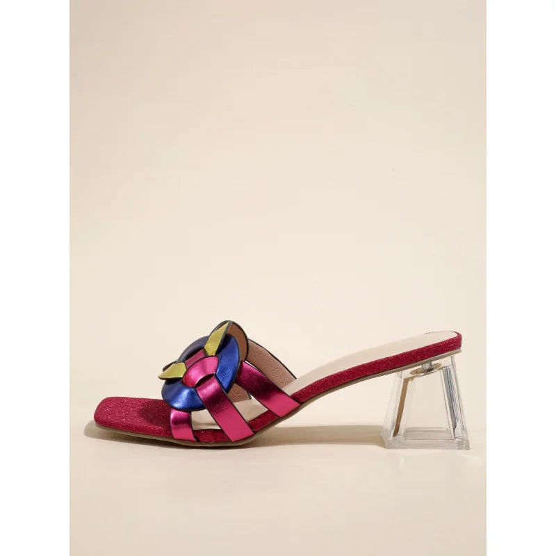 Summer Sandals for Women 2026 New Style Square Toe Mid-Heel Transparent Heel Strappy Woven Shoes