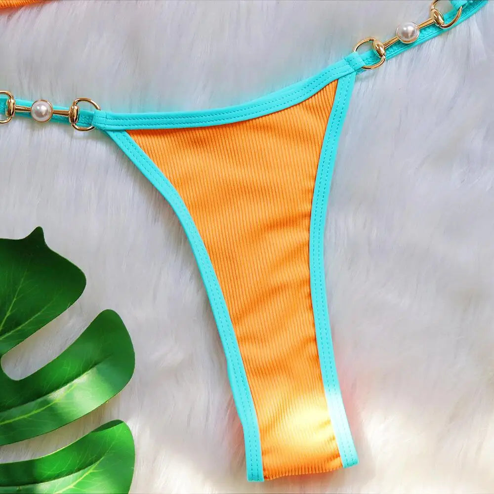 Push Up Micro Bikini Luxury Ribbed Orange Patchwork Ring Pearl Designer Swimsuit Bathing Suit Triangle Swimwear Traje De Baño