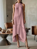 UOOZEE 2025 New Urban Female Office Formal High Neck Maxi Dresses Sleeveless Asymmetrical Elegant Party Prom A-line Dress