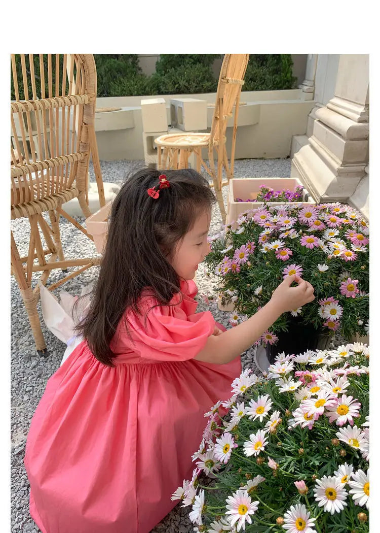 Summer Baby Girls Cotton All-Over Printed Puff Sleeves Button Back Long Dresses Kids Outfit Children Sweet Vacation Skirt 2-8 Yr