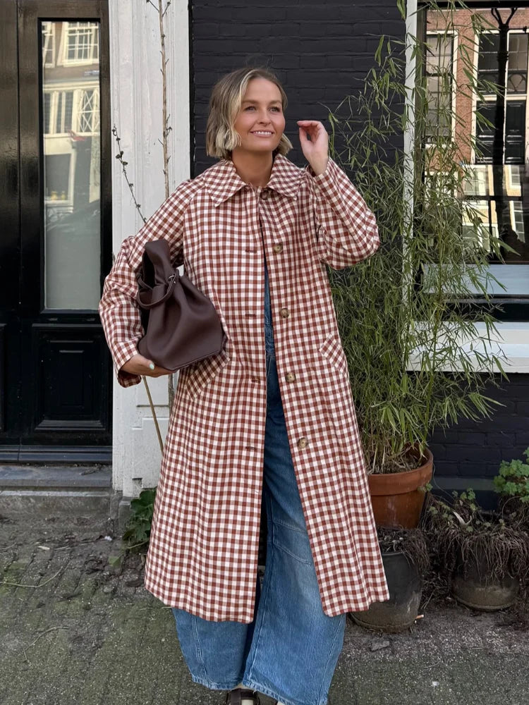 Women Red Plaid Long Trench Coat Casual Lapel Single Breasted Full Sleeve Windbreaker Jacket 2025 Autumn New Lady Streetwear
