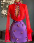 Red Purple Cocktail Dresses Sheath Long Sleeves Beaded Birthday Party Gowns Short Prom Dresses Homecoming Customized