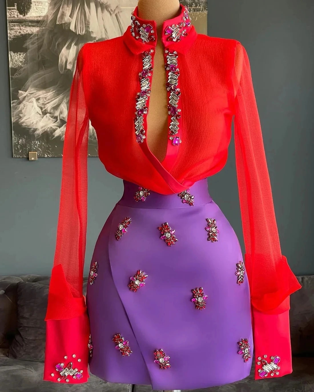 Red Purple Cocktail Dresses Sheath Long Sleeves Beaded Birthday Party Gowns Short Prom Dresses Homecoming Customized