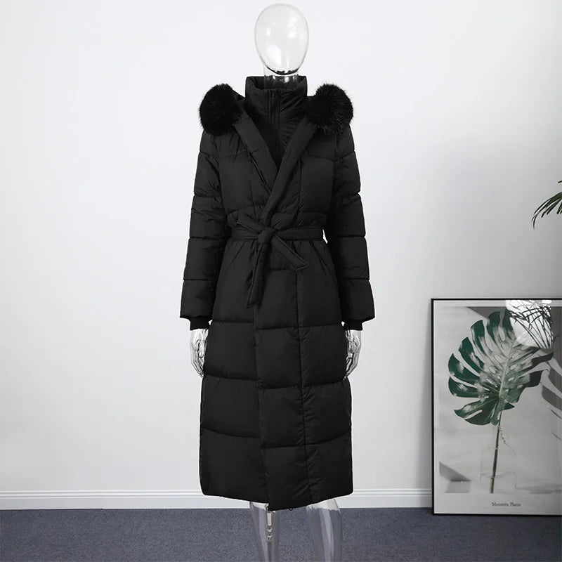 Elegant Fur Collar Hood Belt Long Cotton Jacket Women Zipper Drawstring Waist Parka Down Coat 2025 Winter Lady Warm Chic Outwear
