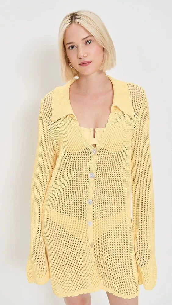 2026 Summer Women's Loose V Neck Button Cardigan Women's Sexy Knit Beach Mini Dress Swimsuit Cover Up Casual Vacation Wear K187